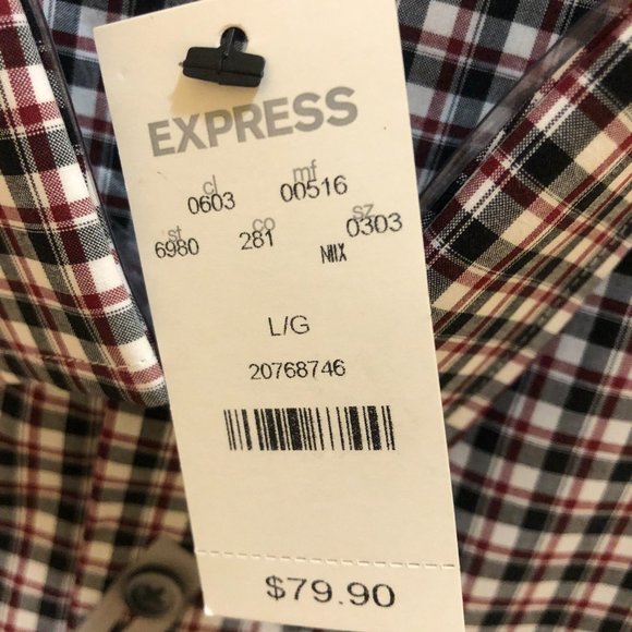 Express 1MX Men's Fitted Cotton Plaid Slim Dress Shirt Large Black Red NEW - Picture 6 of 6